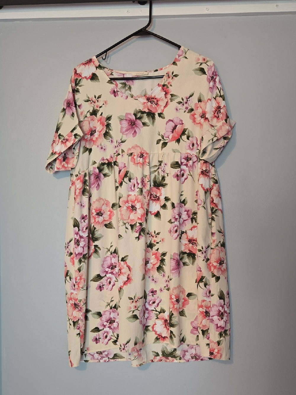 ODDY Cream Floral Dress with Pink & Green Blooms